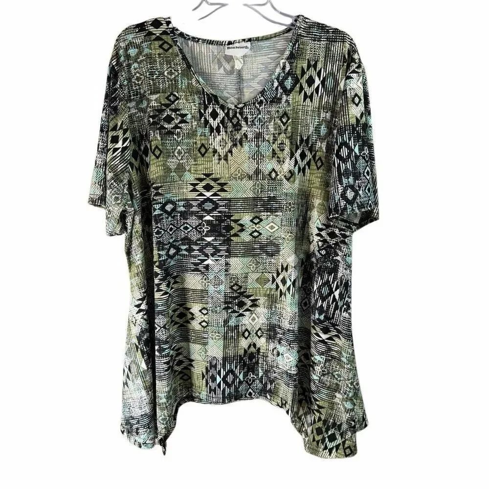 BONWORTH Women’s 3X Green Black Abstract Print Short Sleeve Blouse Top
